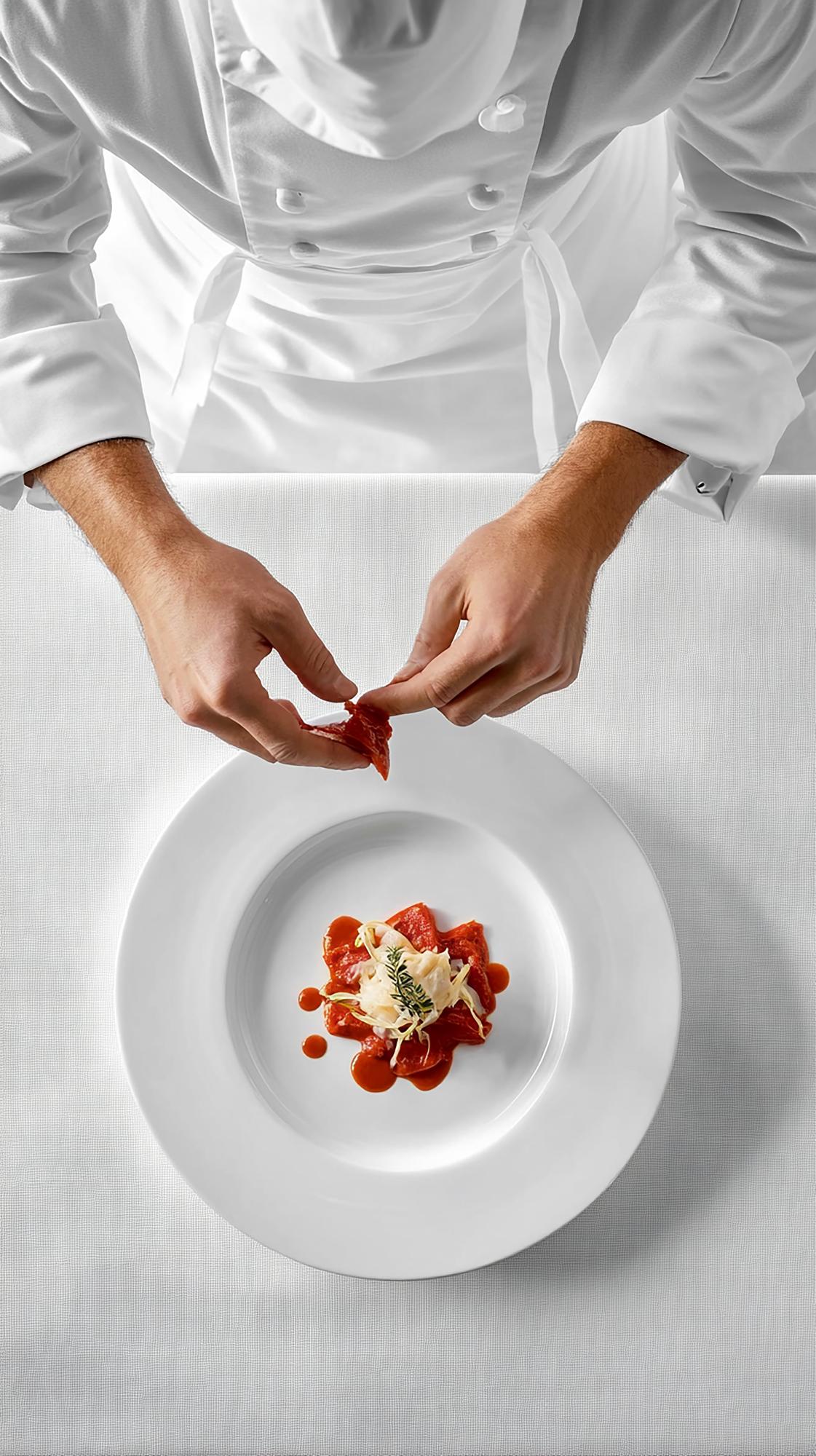 Chef in cucina che prepara un piatto raffinato